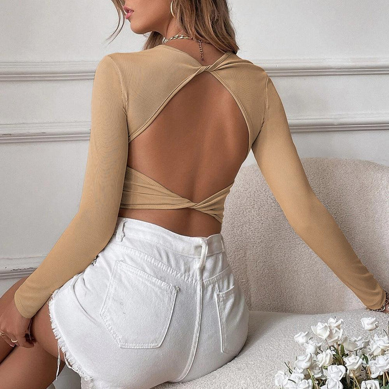 Backless Casual Short Knit Slim Fit Long Sleeve T-Shirt Top - Clothing Whore