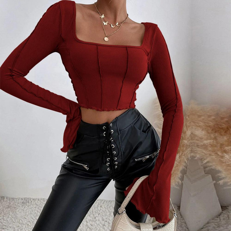 Slim Fit Long Sleeve Square Neck Knit Top T-Shirt - Clothing Whore