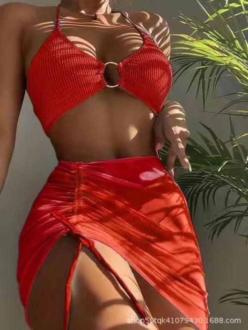 Ring Linked 3 Pieces Bikini With Drawstring Skirt - Clothing Whore