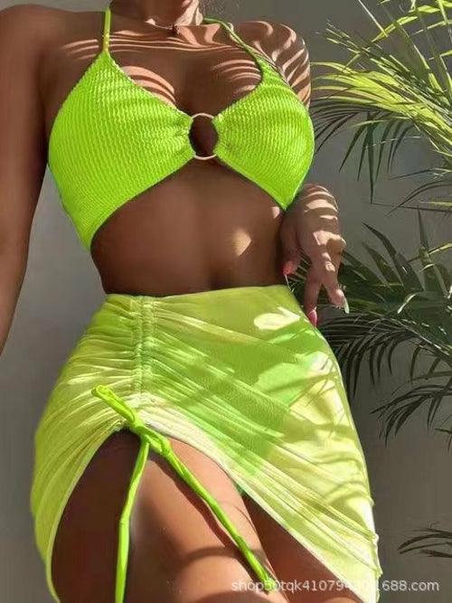 Ring Linked 3 Pieces Bikini With Drawstring Skirt - Clothing Whore