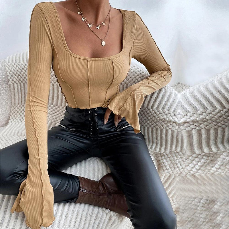 Slim Fit Long Sleeve Square Neck Knit Top T-Shirt - Clothing Whore