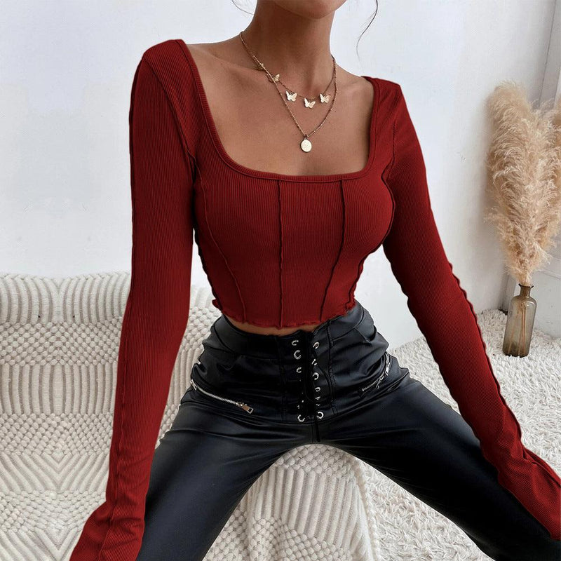 Slim Fit Long Sleeve Square Neck Knit Top T-Shirt - Clothing Whore