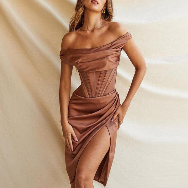 One Shoulder Satin Dress Mesh Split Bodycon - Clothing Whore