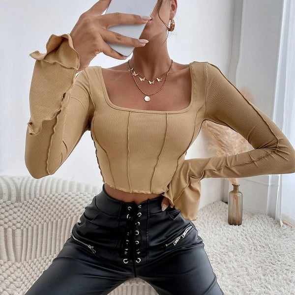 Slim Fit Long Sleeve Square Neck Knit Top T-Shirt - Clothing Whore