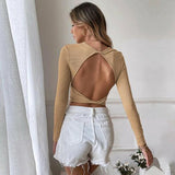 Backless Casual Short Knit Slim Fit Long Sleeve T-Shirt Top - Clothing Whore