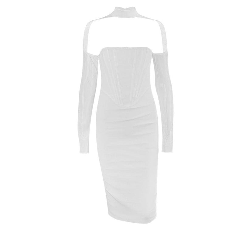 Mesh Halter Dress Long Sleeve Bodycon Midi Dress - Clothing Whore