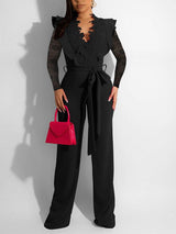 Women Long Sleeve V Neck Lace Insert Casual Jumpsuit - Clothing Whore