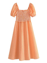 Puff Sleeve Orange Ruched Smocking Maxi Long Dress - Clothing Whore