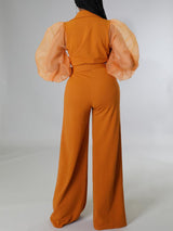 Mesh Puff Sleeve V Neck Elegant Jumpsuit - Clothing Whore