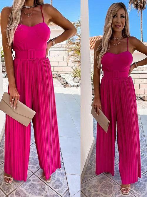 Solid Pleated Jumpsuit Loose Wide Leg Beach Romper Overall - Clothing Whore