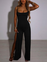 Spaghetti Strap Backless High Slit Jumpsuit Elegant Loose Overalls - Clothing Whore