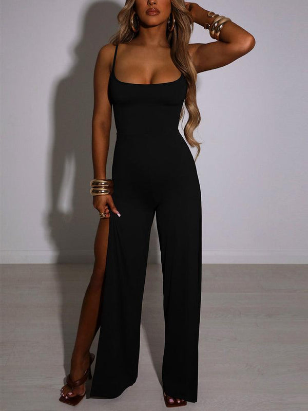 Spaghetti Strap Backless High Slit Jumpsuit Elegant Loose Overalls - Clothing Whore