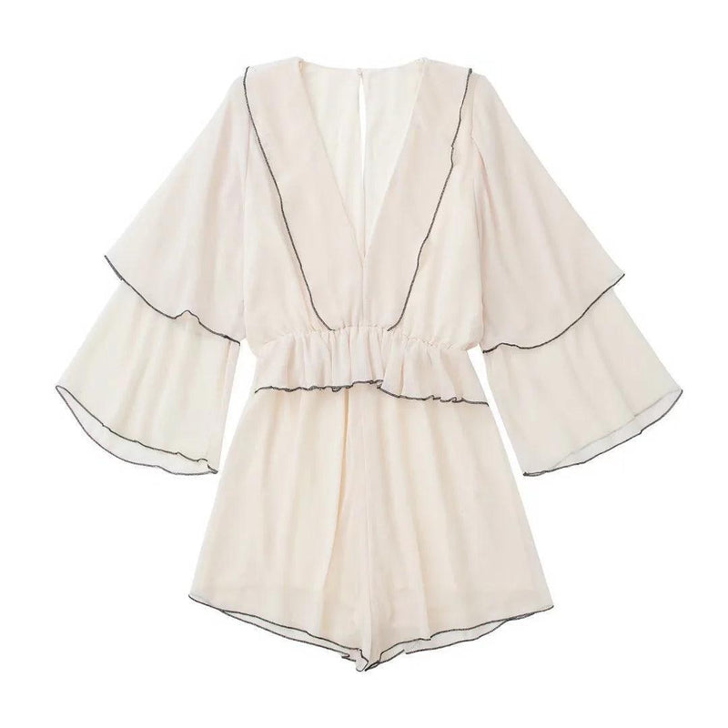 Ruffles Tiered Chiffon Beige Romper - Clothing Whore