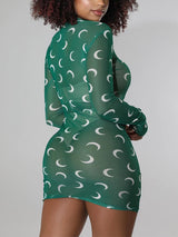 Long Sleeve Moon Printed See Through Bodycon Mini Dress - Clothing Whore