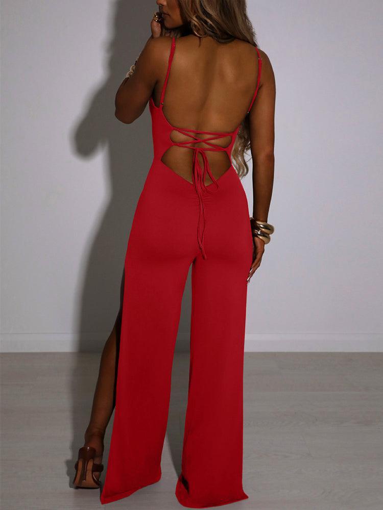 Spaghetti Strap Backless High Slit Jumpsuit Elegant Loose Overalls - Clothing Whore