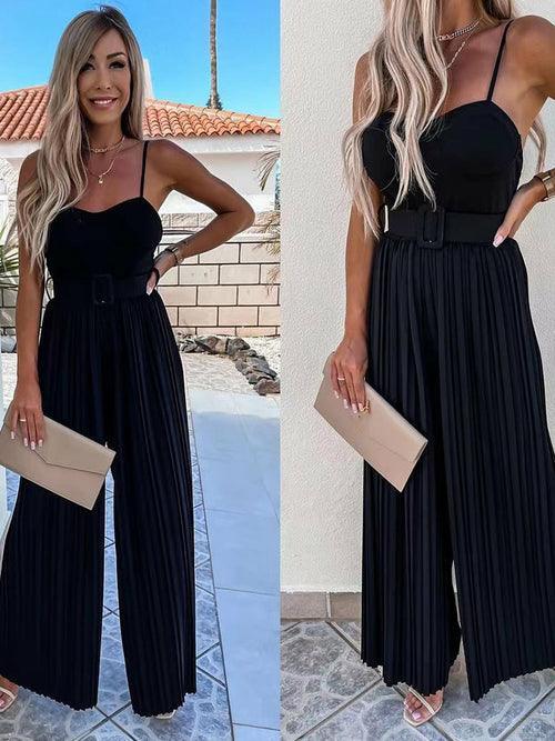 Solid Pleated Jumpsuit Loose Wide Leg Beach Romper Overall - Clothing Whore