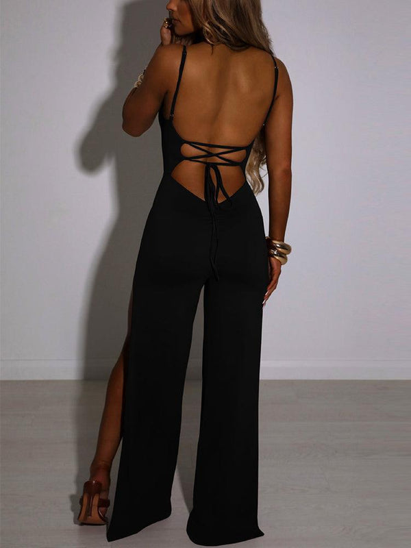 Spaghetti Strap Backless High Slit Jumpsuit Elegant Loose Overalls - Clothing Whore