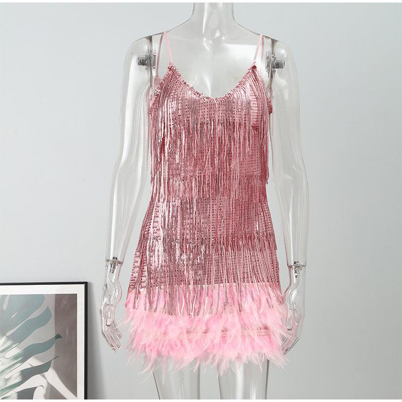 Sequins Tassel Feather Spaghetti Strap Dress - Clothing Whore