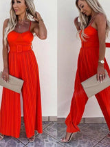 Solid Pleated Jumpsuit Loose Wide Leg Beach Romper Overall - Clothing Whore