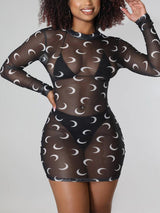 Long Sleeve Moon Printed See Through Bodycon Mini Dress - Clothing Whore