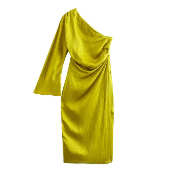 Draped Satin Asymmetrical Midi Dress - Clothing Whore