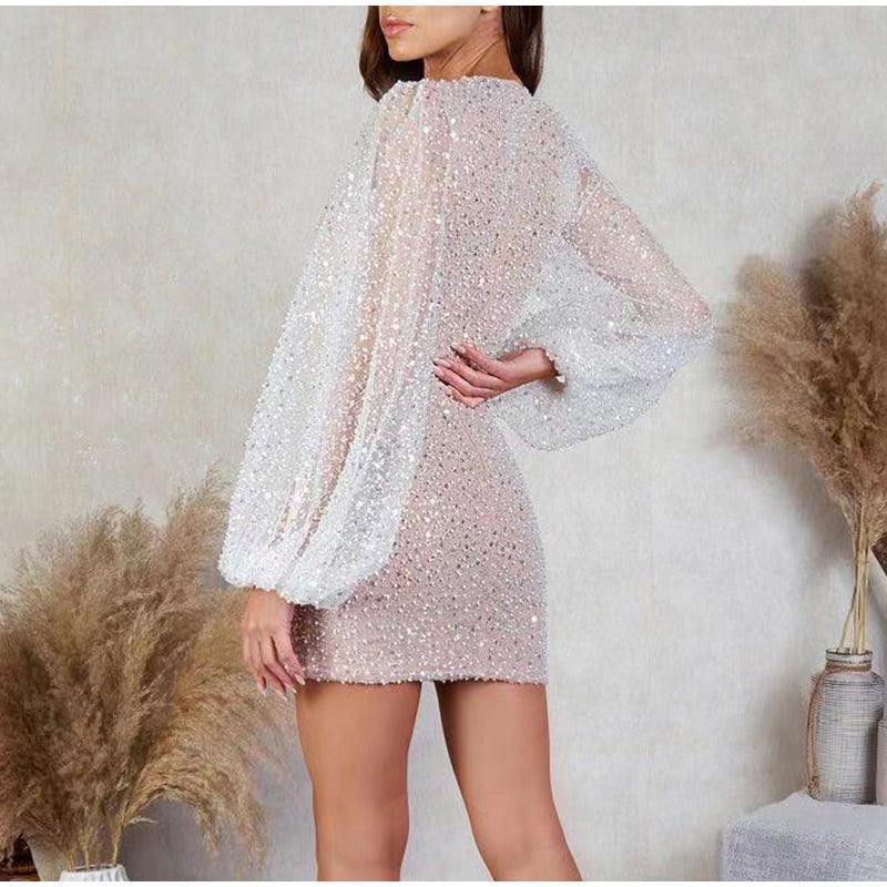 Sequins V Neck Lantern Long Sleeves Dress - Clothing Whore