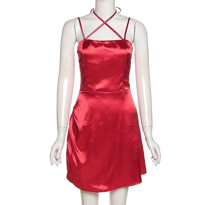 Satin Sexy Backless Bandage Women Dress Red Spaghetti Strap High Waist - Clothing Whore