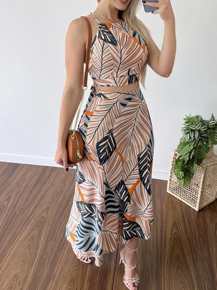 Sleeveless Top Vest And Long Skirt Outfits Fashion Print Lace-Up Set - Clothing Whore