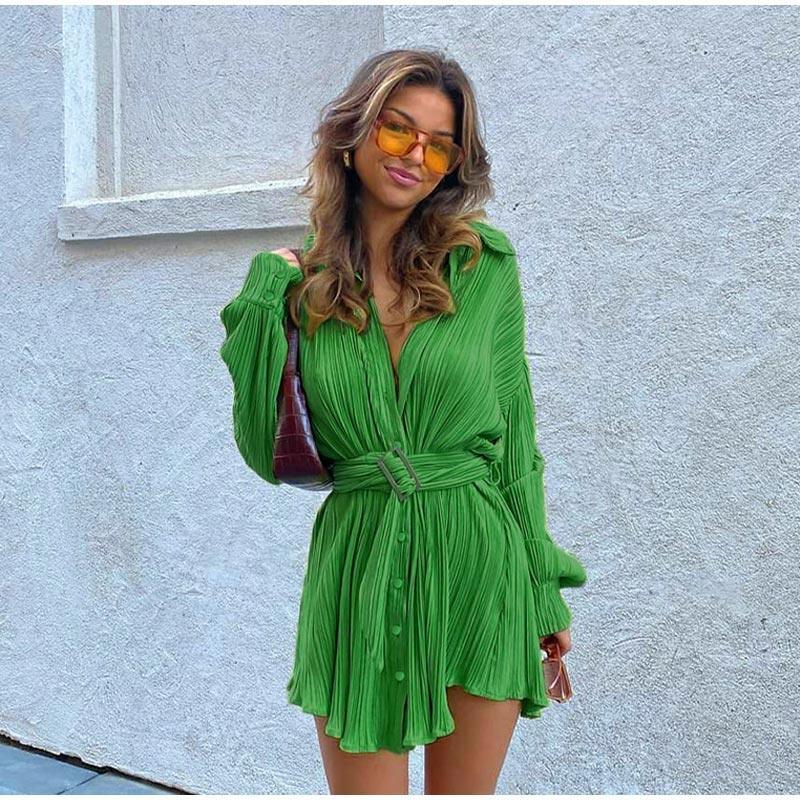 Green Pleated Skinny Puff Sleeve Pleated Dress - Clothing Whore