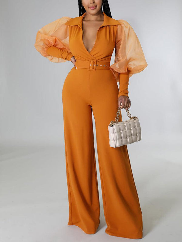 Mesh Puff Sleeve V Neck Elegant Jumpsuit - Clothing Whore