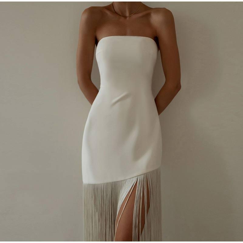 Fringe Tube Top Side Slit Dress - Clothing Whore