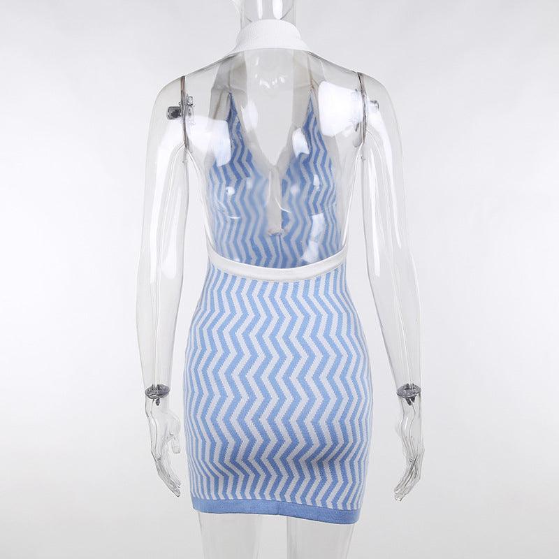 Knit Stripe Printed Lapel Sleeveless Bodycon Dress - Clothing Whore