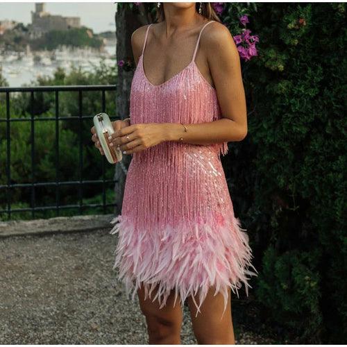 Sequins Tassel Feather Spaghetti Strap Dress - Clothing Whore