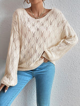 Beige Hollow Out Lantern Sleeve  Sweater Jumper - Clothing Whore