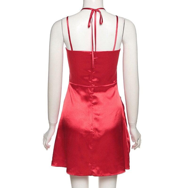 Satin Sexy Backless Bandage Women Dress Red Spaghetti Strap High Waist - Clothing Whore