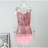 Sequins Tassel Feather Spaghetti Strap Dress - Clothing Whore