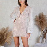 Sequins V Neck Lantern Long Sleeves Dress - Clothing Whore