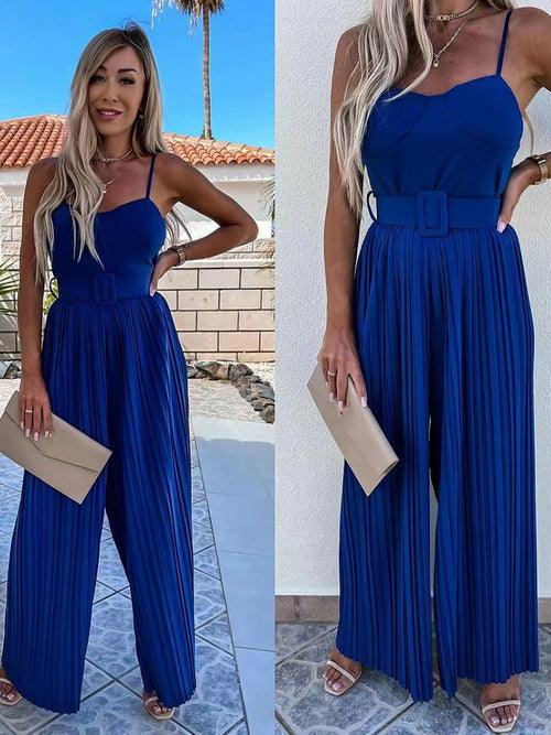 Solid Pleated Jumpsuit Loose Wide Leg Beach Romper Overall - Clothing Whore