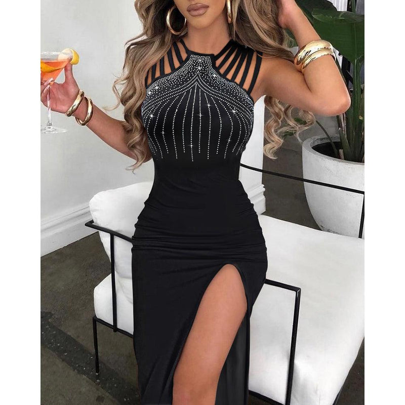 Rhinestone Decor Multi-Strap High Slit Dress - Clothing Whore