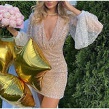 Sequins V Neck Lantern Long Sleeves Dress - Clothing Whore