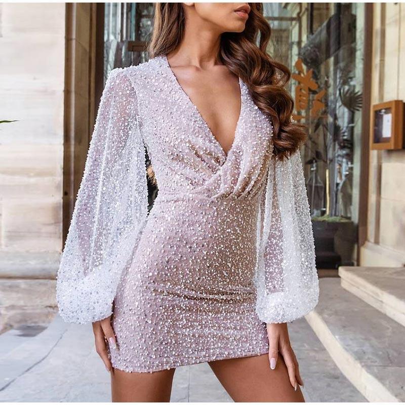 Sequins V Neck Lantern Long Sleeves Dress - Clothing Whore