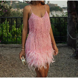 Sequins Tassel Feather Spaghetti Strap Dress - Clothing Whore