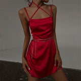 Satin Sexy Backless Bandage Women Dress Red Spaghetti Strap High Waist - Clothing Whore