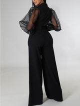 Mesh Puff Sleeve V Neck Elegant Jumpsuit - Clothing Whore