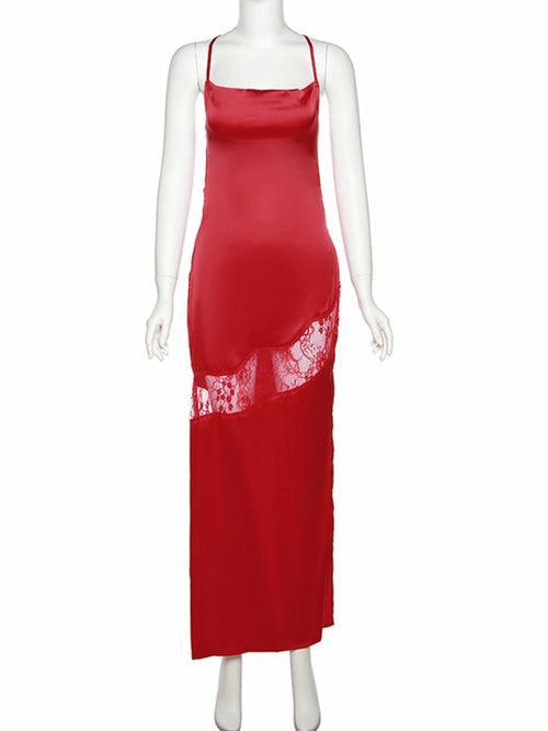 Satin Sleeveless Lace Bodycon Midi Dress - Clothing Whore