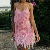 Sequins Tassel Feather Spaghetti Strap Dress - Clothing Whore