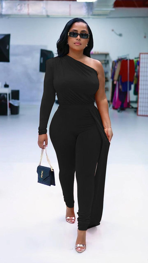 One Shoulder Long Sleeve Casual Jumpsuits - Clothing Whore