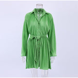 Green Pleated Skinny Puff Sleeve Pleated Dress - Clothing Whore