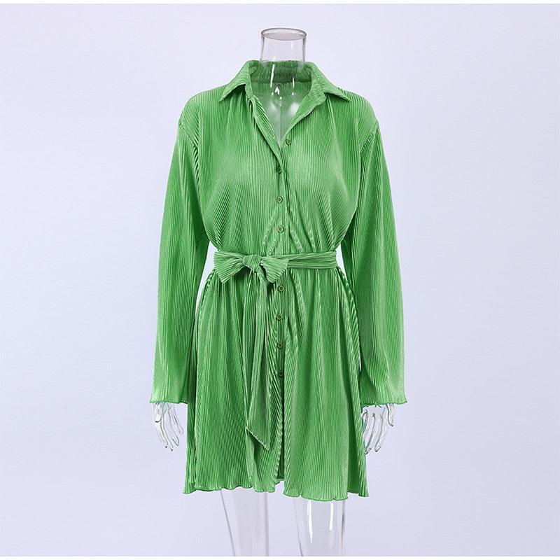 Green Pleated Skinny Puff Sleeve Pleated Dress - Clothing Whore