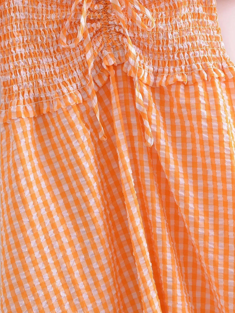 Puff Sleeve Orange Ruched Smocking Maxi Long Dress - Clothing Whore